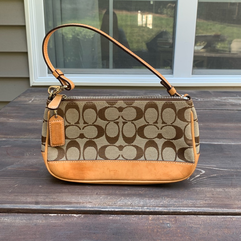 Coach Signature Demi mini Pouch Hand Bag Canvas Leather Beige